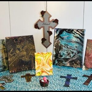 Hand-painted crosses and matching paintings